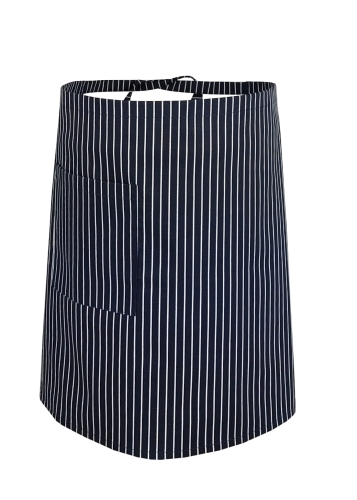Grembiule da cucina blu lungo 50 cm con strisce bianche.