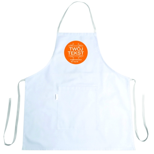 Grembiule da cucina con testo pubblicitario personalizzato.