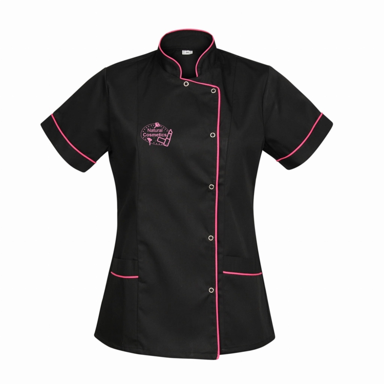 Giacca cosmetica nera con bordino fucsia.