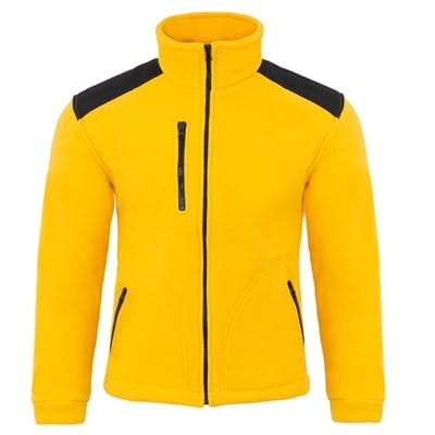 Felpa in pile con inserti neri e colore giallo.