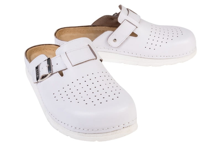 Białe anatomiczne klapki medyczne skórzane