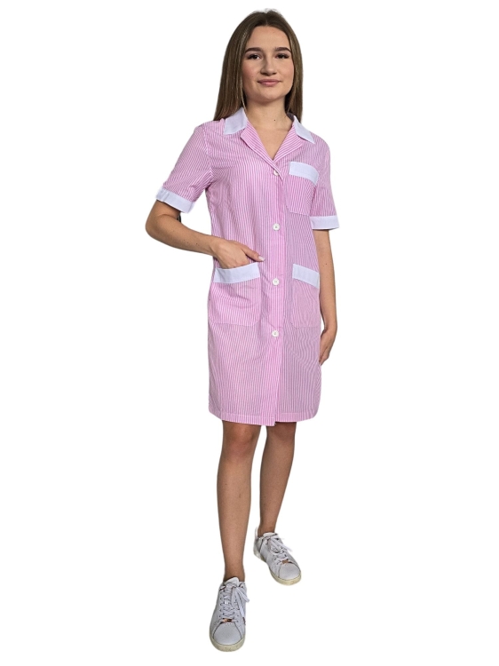 Fartuch roboczy damski różowo biały z krótkim rękawem