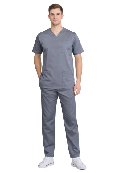 Completo medico maschile grigio elastico – scrubs premium