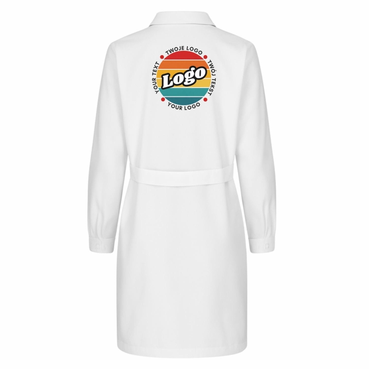 Fartuch laboratoryjny biały damski zapinany na guziki z twoim własnym nadrukiem kreator online tył.jpg