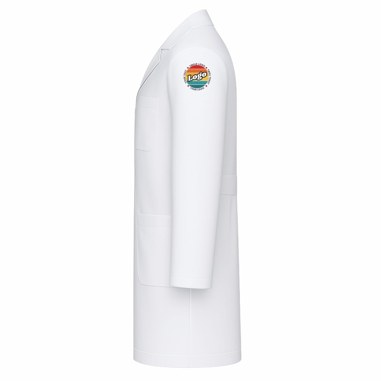 Fartuch laboratoryjny męski biały zapinany na guziki z twoim własnym nadrukiem kreator online lewy bok.jpg