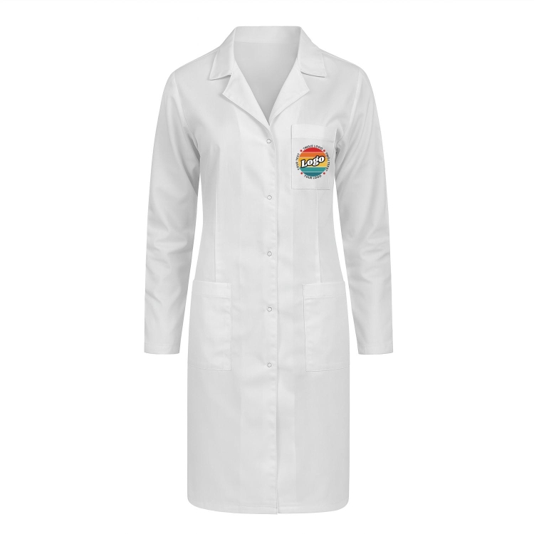 Fartuch laboratoryjny damski długi rękaw biały z Twoim własnym nadrukiem przód.jpg