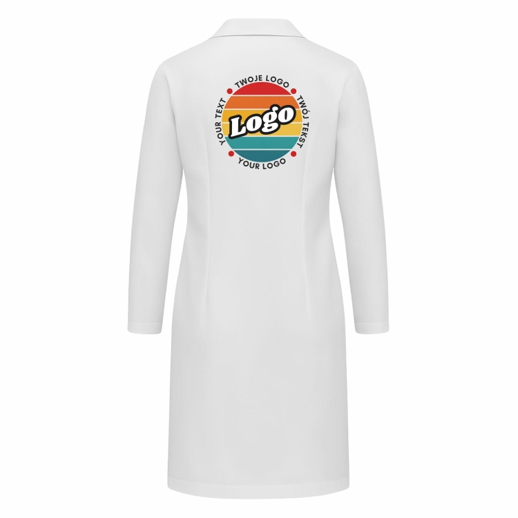 Fartuch laboratoryjny damski długi rękaw biały z Twoim własnym nadrukiem tył.jpg