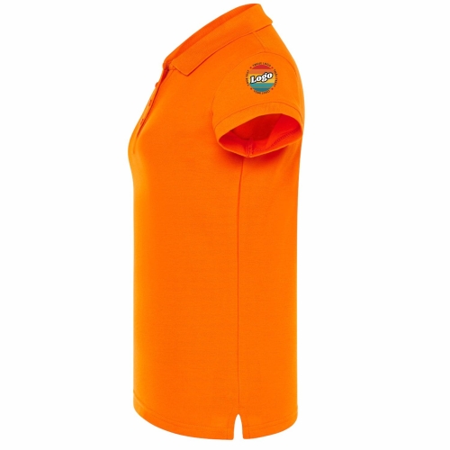 Koszulka polo damska pomarańczowa krótki rękaw z własnym nadrukiem kreator online lewy bok.jpg