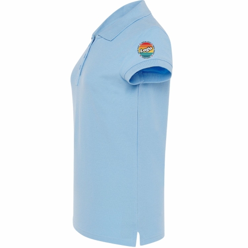 Koszulka polo damska niebieskim krótki rękaw z własnym nadrukiem kreator online lewy bok.jpg