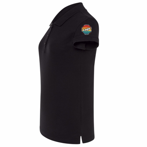 Koszulka polo damska czarna krótki rękaw z własnym nadrukiem kreator online lewy bok.jpg