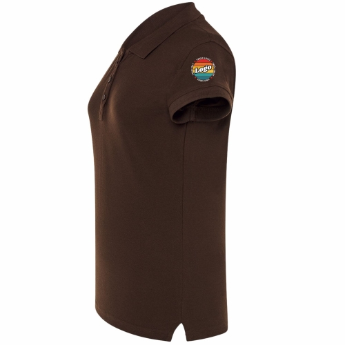 Koszulka polo damska brązowa krótki rękaw z własnym nadrukiem kreator online lewy bok.jpg