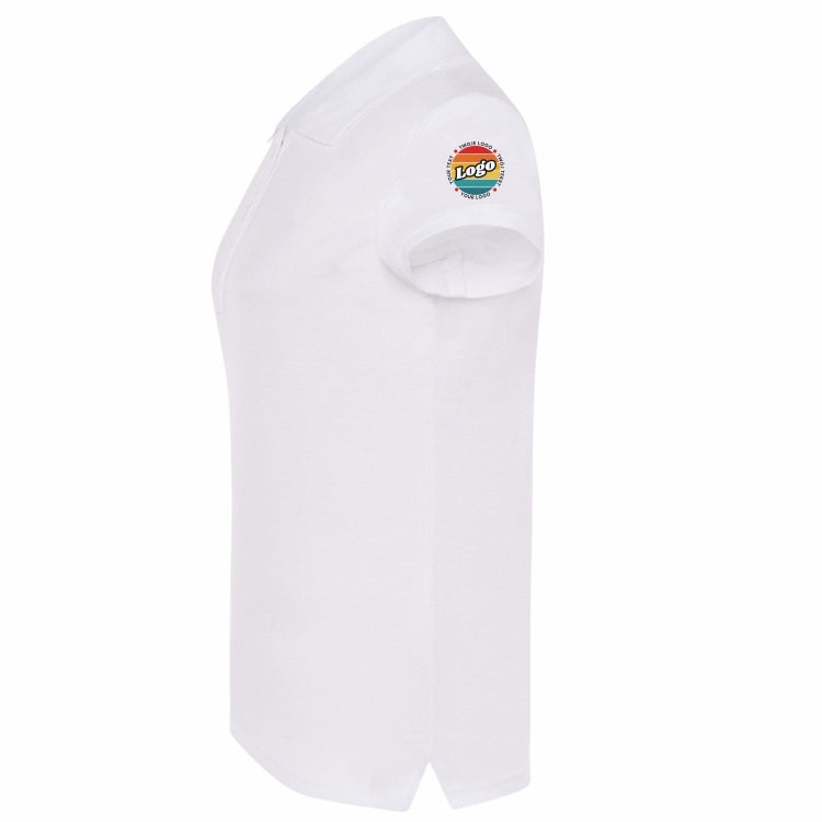 Koszulka polo damska biała krótki rękaw z własnym nadrukiem kreator online lewy bok.jpg