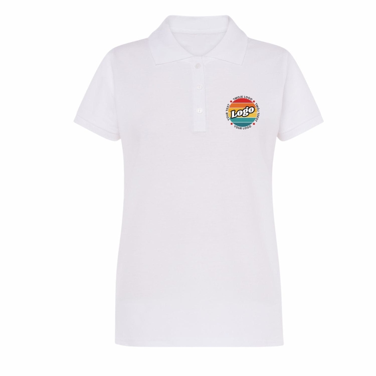 Koszulka polo damska biała krótki rękaw z własnym nadrukiem kreator online przód.jpg