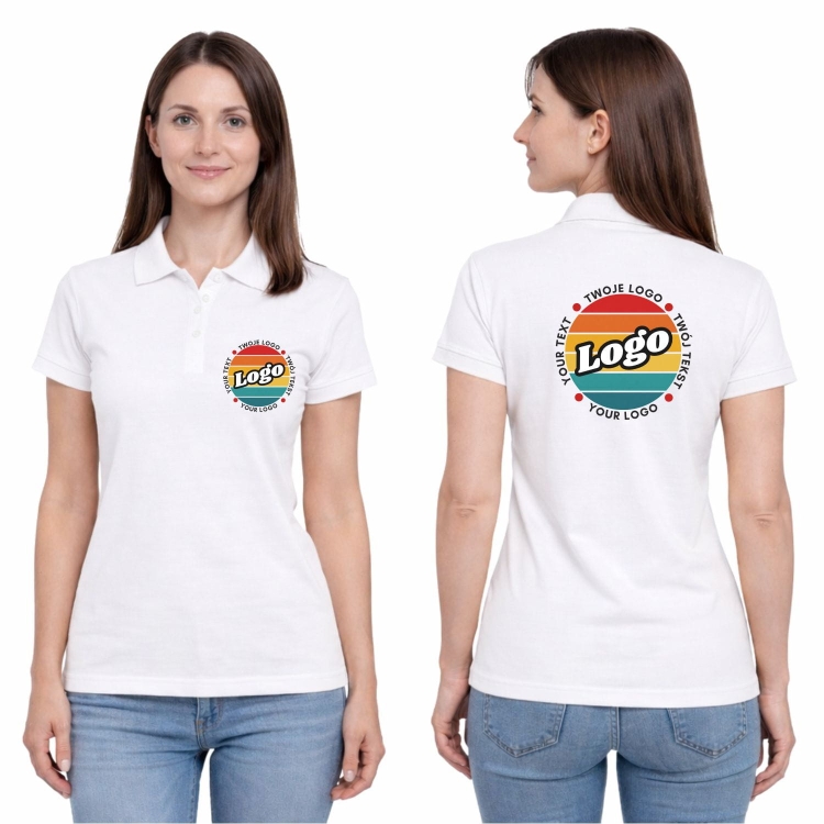 Koszulka polo damska biała krótki rękaw z własnym nadrukiem kreator online.jpg