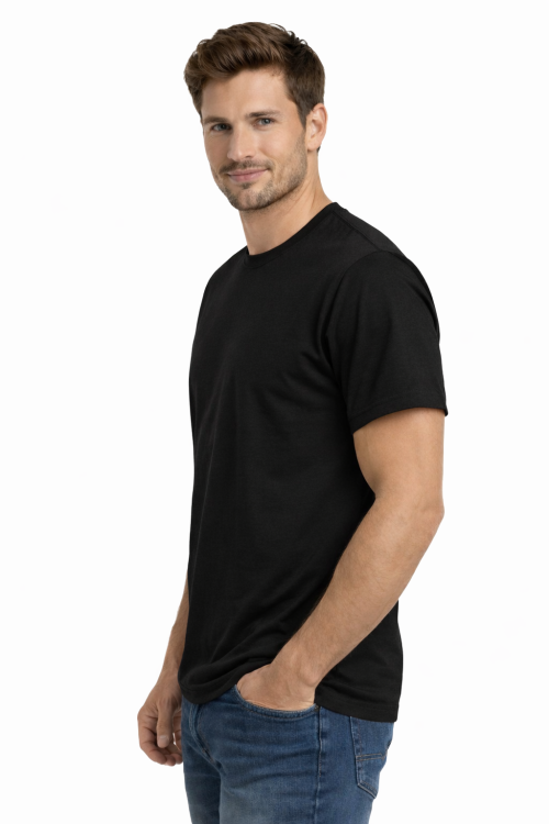 T-shirt męski krótki rękaw 100% bawełna kolor czarna widok z boku.png