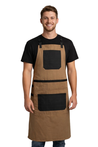 Fartuch baristy grillowy canvas z kieszeniami beżowy z czarnymi dodoatkami.png