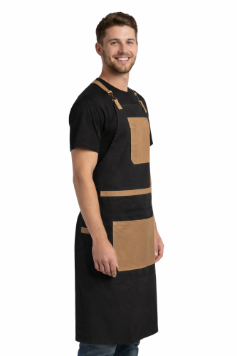 Fartuch baristy grillowy canvas z kieszeniami czarny z beżowymi dodatkami widok z boku.png