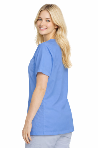 Żakiet medyczny damski zapinany na zatrzaski niebieski widok z tyłu.png