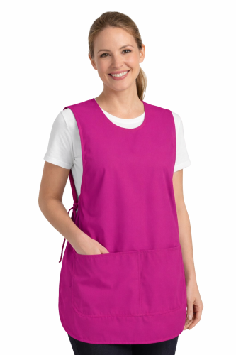 Fartuszek kuchenny wkładany przez głowę zawiązywany z boku z podwójną kieszenią kolor różowy.png