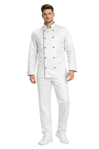 Profesjonalny zestaw szefa kuchni – mundur kucharza ,biała bluza z lamówką