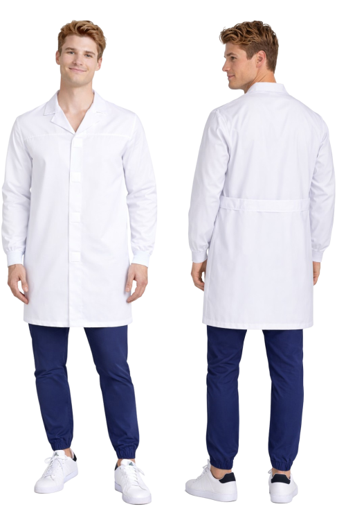 Fartuch laboratoryjny medyczny męski zapinany na rzepy rekaw długi kolor biały widok z przodu i tyłu.png