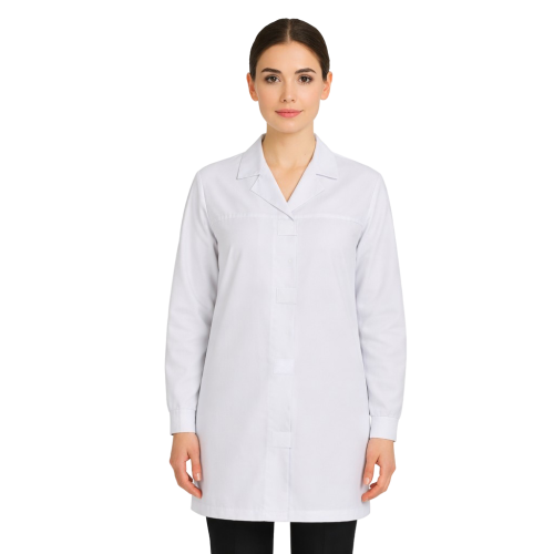 Fartuch laboratoryjny medyczny damski zapinany na rzepy rekaw długi kolor biały.png