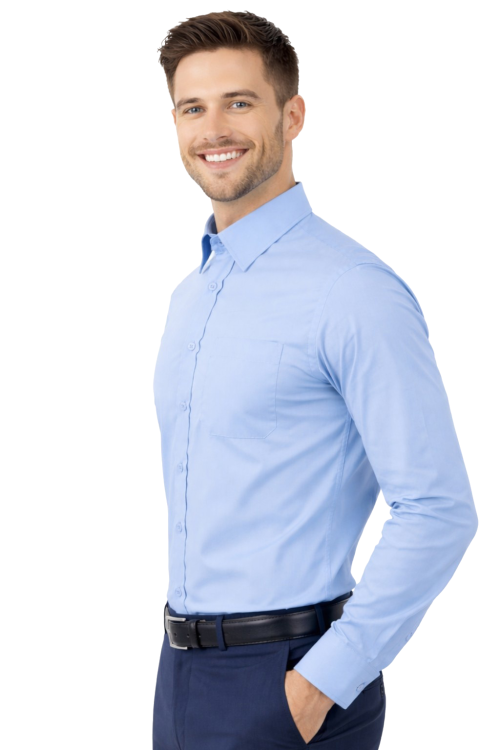 Koszula męska długi rękaw zapinana na guziki niebieska widok z boku.png