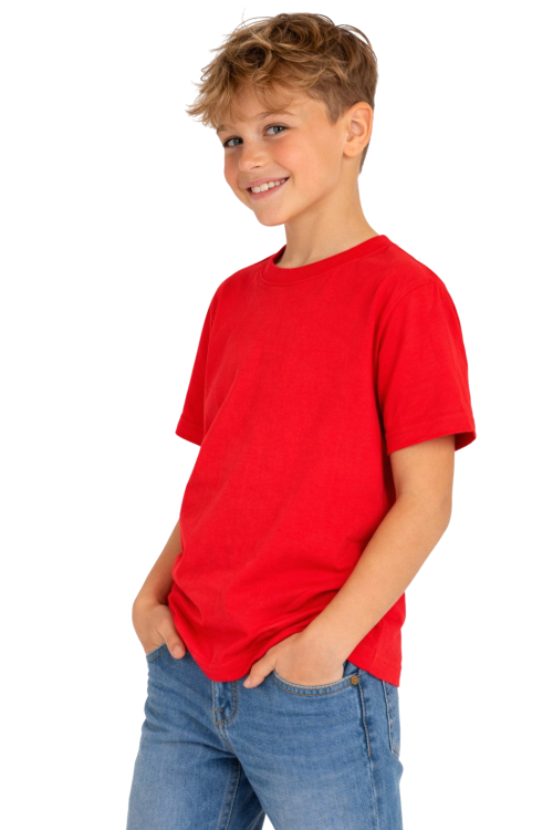 T-shirt dziecięcy dla chłopca i dziewczynki kolor czerwony widok chłopca w t-shirt.png