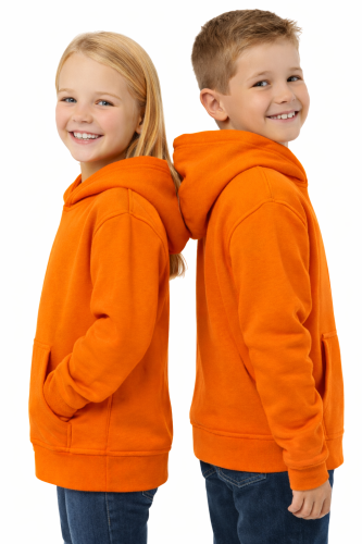 Bluza sportowa z kapturem i długim rękawem dziecięca dla chłopca i dziewczynki pomarańczowa widok z boku.png