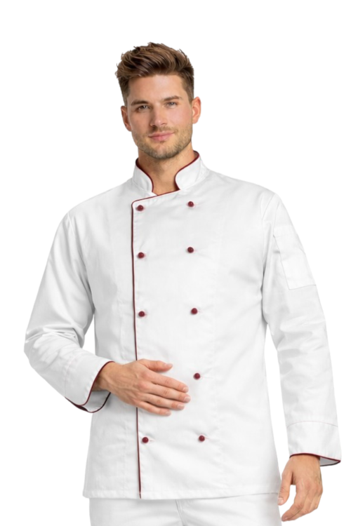 Męska bluza kucharska biała  z bordową lamówką