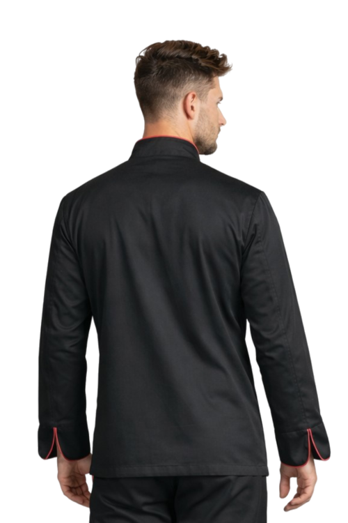 Bluza kucharska męska  czarna z bordową lamówką i długim rekawem