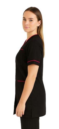 Damski żakiet kosmetyczny czarny z różową lamówką