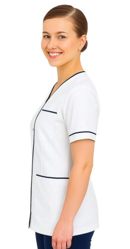 Biały fartuch lekarski z lamówką granatową