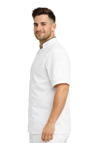 Bluza kucharska biała z czarną lamówką,zapinana na napy ,krótki rękaw