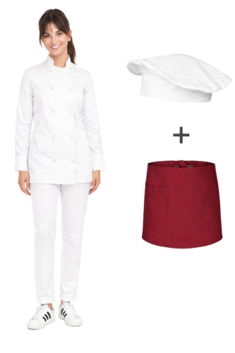 Kompletny uniform kucharski, damski zestaw kucharski,bordowa zapaska