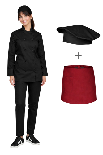 Damski zestaw kucharski, kompletny uniform kucharski kolor czarny ,bordowa zapska