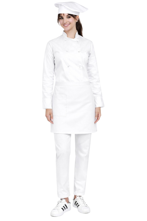 Damski uniform kucharski, zestaw kucharski kompletny,biała  zapaska ,długi rękaw