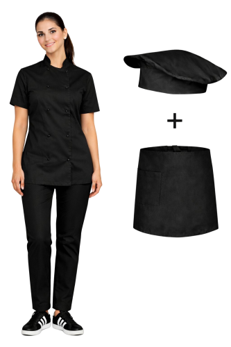 Zestaw kucharski damski, uniform kucharski kompletny czarny z krótkim rękawem