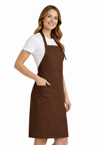 Profesjonalny fartuch gastronomiczny z kieszenią boczną regulowaną klamrą z karczkiem kolor brązowa widok z boku.png