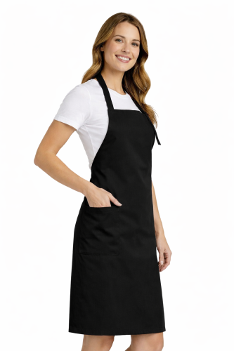 Profesjonalny fartuch gastronomiczny z kieszenią boczną regulowaną klamrą z karczkiem kolor czarna widok z boku.png