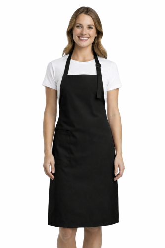 Profesjonalny fartuch gastronomiczny z kieszenią boczną regulowaną klamrą z karczkiem kolor czarny.png