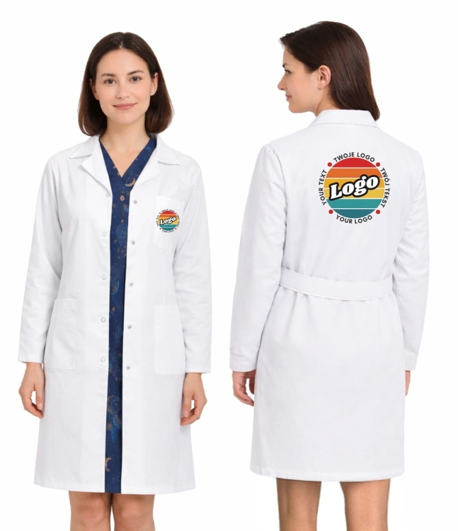 Fartuch laboratoryjny damski długi rękaw biały z Twoim własnym nadrukiem.jpg
