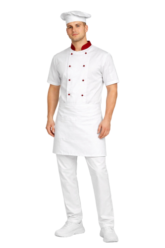 Zestaw kucharza z krótkim rękawem – uniform biały  z bordowymi wstawkami  i białą zapaską