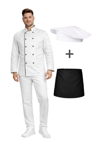Zestaw gastronomiczny dla szefa kuchni,ucznia biały z czarna lamówką i czarną zapaską