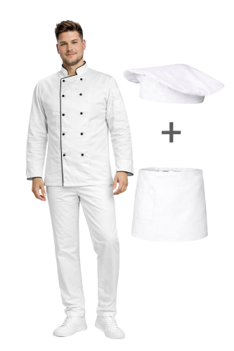 Zestaw gastronomiczny dla szefa kuchni,ucznia biały  z czarną lamówką i białą  zapaską.png