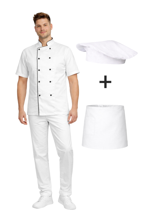 Zestaw gastronomiczny dla szefa kuchni,ucznia biały  z czarną  lamówką i białą  zapaską.png