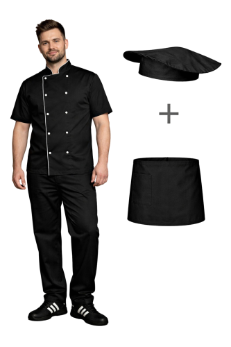 Zestaw gastronomiczny krótki rękaw dla szefa kuchni,ucznia czarny z czarną   lamówką i czarną  zapaską