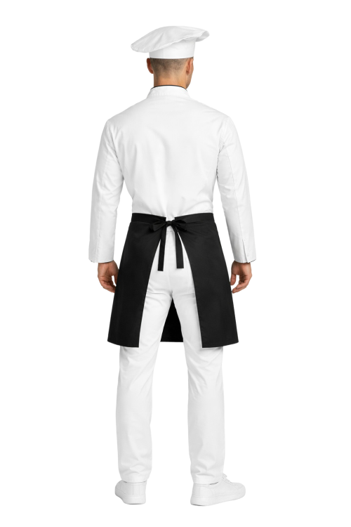 Zestaw kucharza  z długim rękawem– uniform szkolny biały z czarną lamówką i czarną zapaską