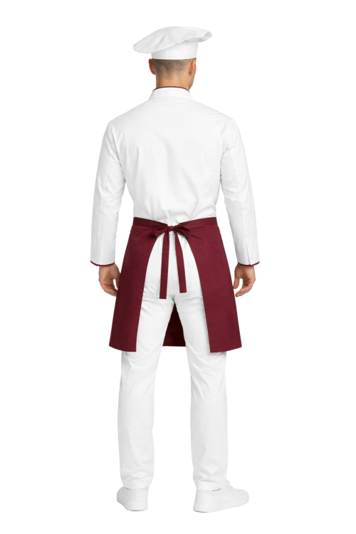 Zestaw kucharza  z długim rękawem– uniform szkolny biały z bordową  lamówką i bordową  zapaską.png