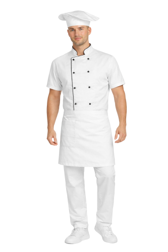 Gastronomiczny zestaw kucharza z krótkim rekawem  – uniform szkolny biały z czarną  lamówką i białą zapaską.png
